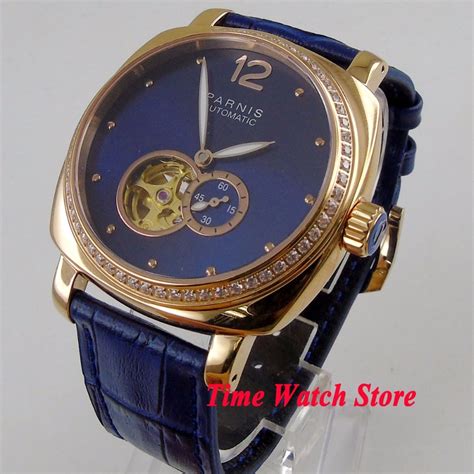 Mm Gold Parnis Miyota Wrist Watch Men Waterproof Blue Leather