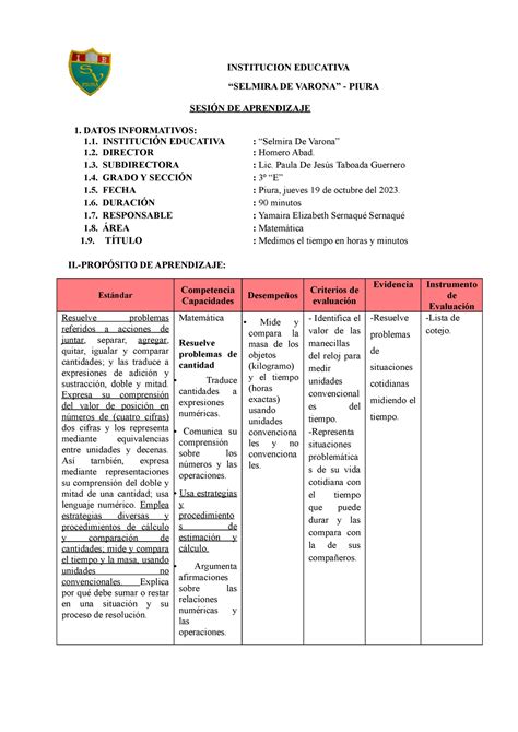 Sesión Matemática Medimos el tiempo en horas 19 INSTITUCION