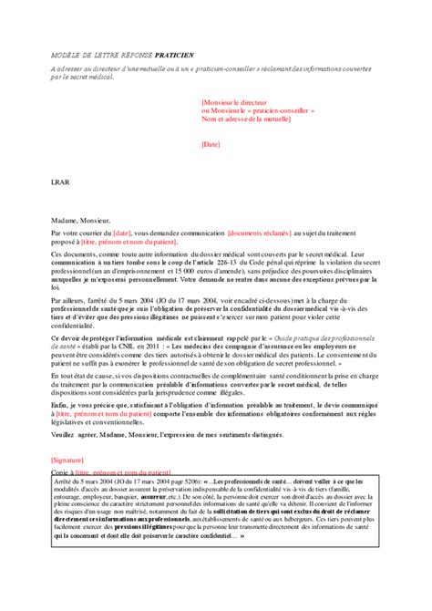 Mod Le De Lettre R Ponse Praticien Le Secret M Dical Doc Pdf