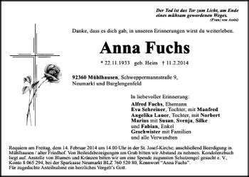 Traueranzeigen von Mühlhausen Anna Fuchs Mittelbayerische Trauer