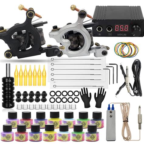 Complete Tattoo Kit Coils Machine Tattoo Ink Set Power Supply Grips For