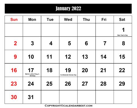 Free Printable January Calendar 2022 with Holidays