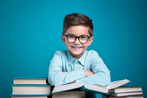 Retrato de un niño feliz con gafas sentado en una pila de libros y