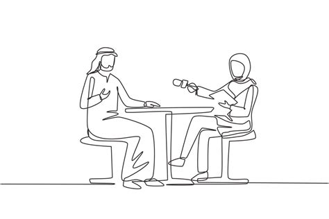 Continuous One Line Drawing Tv Presenter Arabian Woman Interviewing