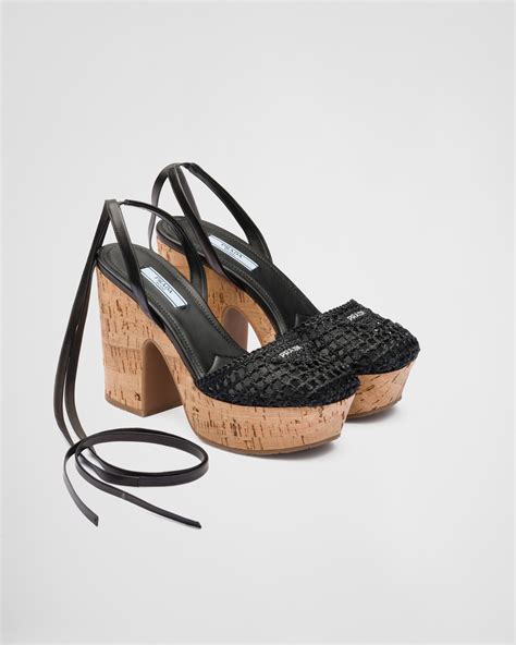 Prada Linea Rossa Black Patent Cork Platform Wedge Sandals Boutique