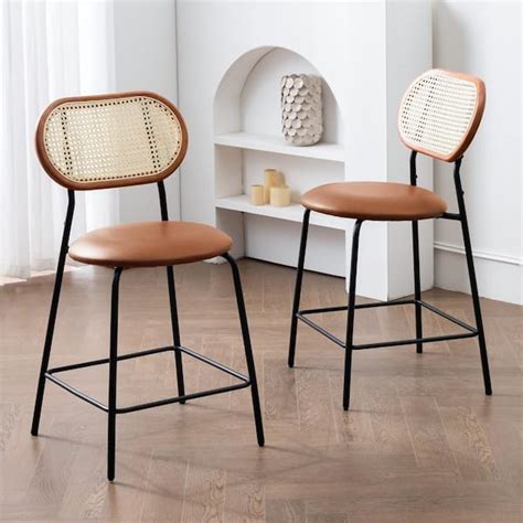 LUE BONA Rattan Counter Height Bar Stools With Faux Leather Seat Set