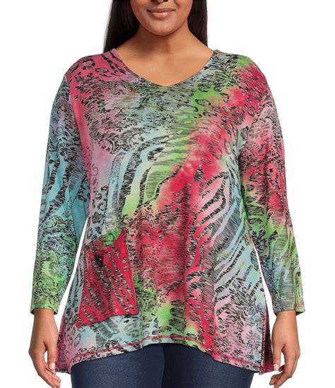 Calessa Plus Size Jacquard Tie Dyed Knit V Neck 3 4 Bell Sleeve Tunic