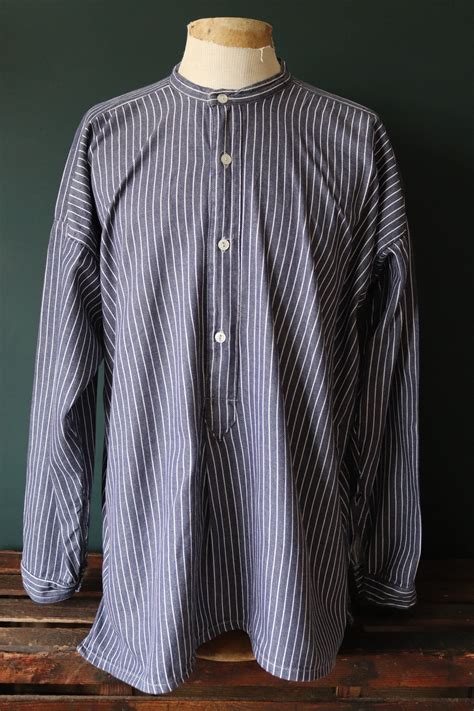 Vintage European Cotton Blue White Striped Work Collarless Grandad