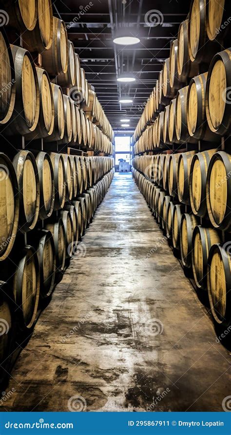 Wine Barrels In Basement Perspective Winery With Wooden Containers