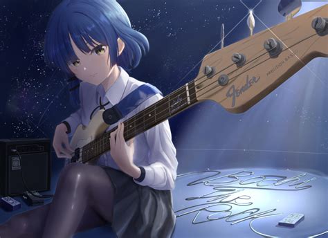 Safebooru 1girl Absurdres Bangs Bass Guitar Black Ribbon Black Skirt Blue Hair Bocchi The Rock