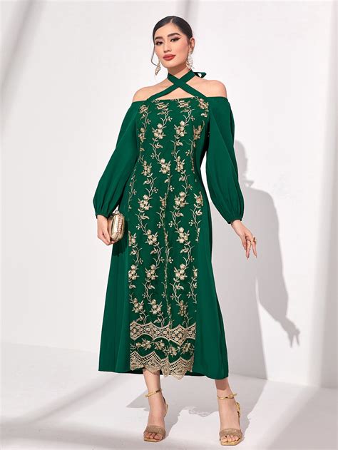 SHEIN Najma Floral Embroidery Crisscross Tie Back Lantern Sleeve Dress