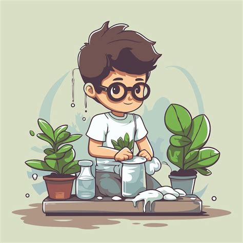 El lindo niño de gafas está regando las plantas Ilustración de dibujos