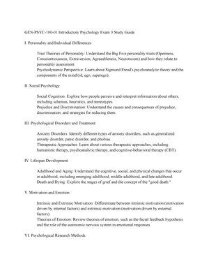 Psyc Exam 1 Study Guide Exam One Summary GEN PSYC 100 01