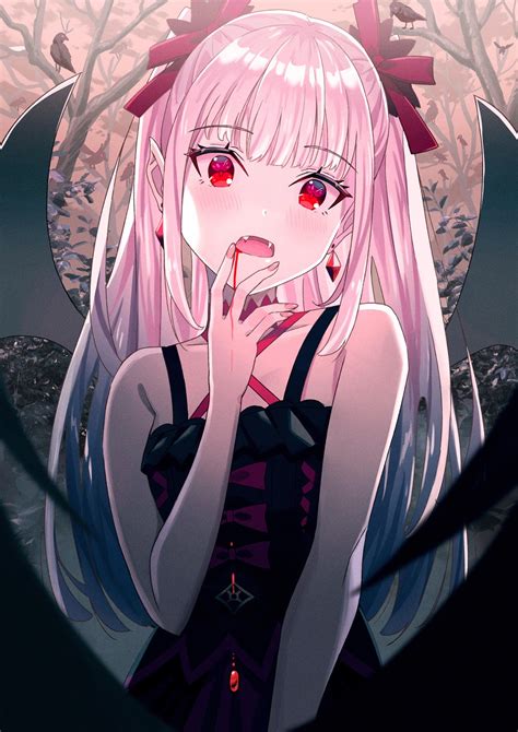 Anime Wings Dress Red Eyes Long Hair Vertical Fangs Pink Hair