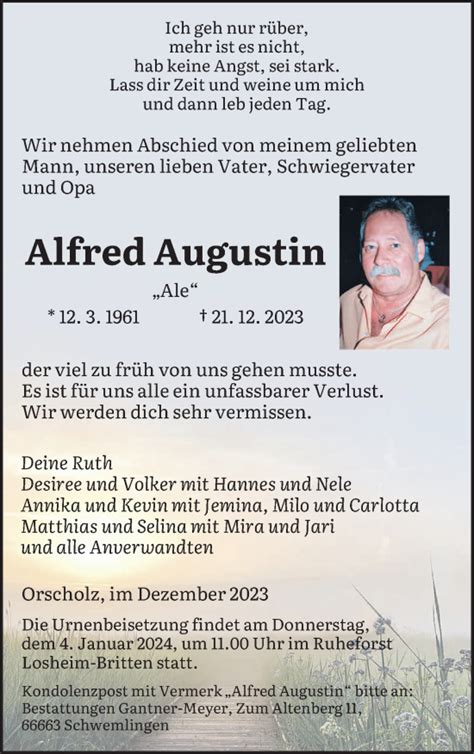 Traueranzeigen Von Alfred Augustin Saarbruecker Zeitung Trauer De