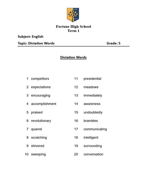 5th Dictation Words T1 Pdf
