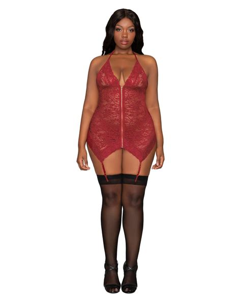 Dreamgirl Womens Plus Size Stretch Lace Garter Slip And G String Set