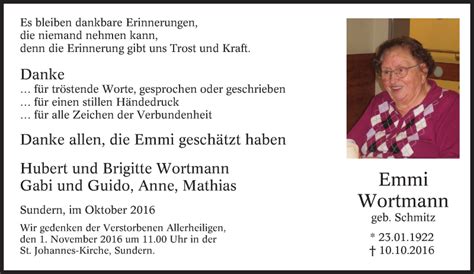 Traueranzeigen Von Emmi Wortmann Trauer In Nrw De