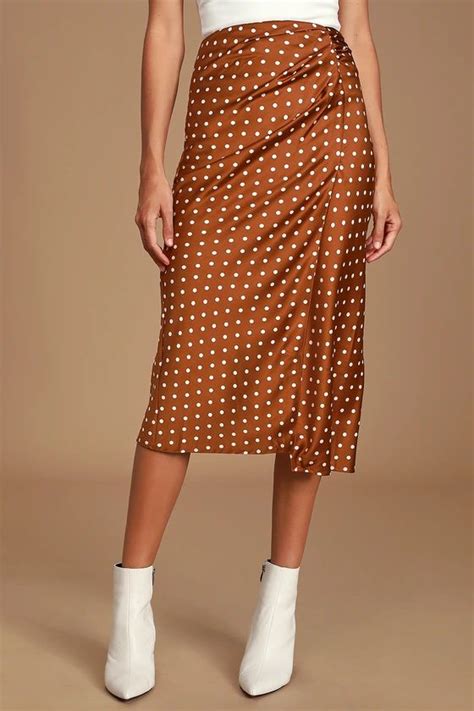 J O A Rust Brown Polka Dot Skirt Satin Skirt Midi Skirt Polka