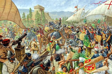 Spanish Conquistadors And Their Native Allies Fight Against Aztec