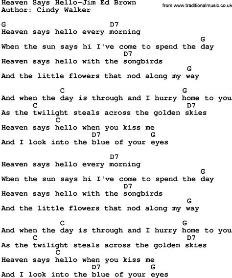 Country Music:Heaven Says Hello-Jim Ed Brown Lyrics and Chords