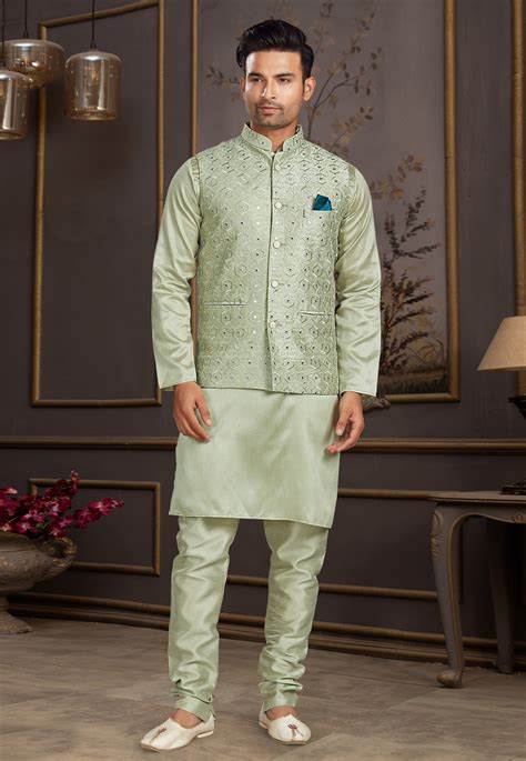 Pista Green Silk Kurta Pajama With Jacket 246542