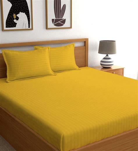 Buy Yellow Striped 210 Tc 100 Cotton King Sized Bed Sheets With 2