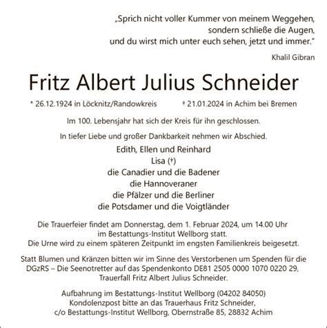 Traueranzeigen Von Fritz Albert Julius SSchneider Trauer Kreiszeitung De