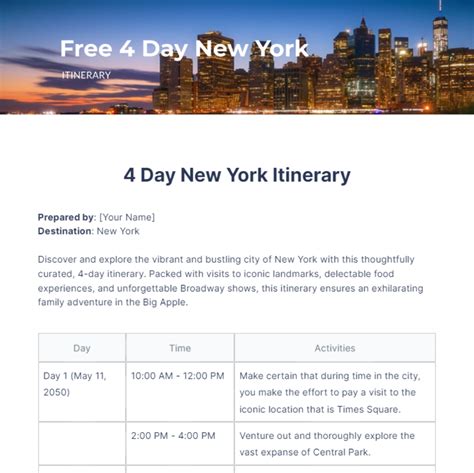 4 Day New York Itinerary Template Edit Online And Download Example