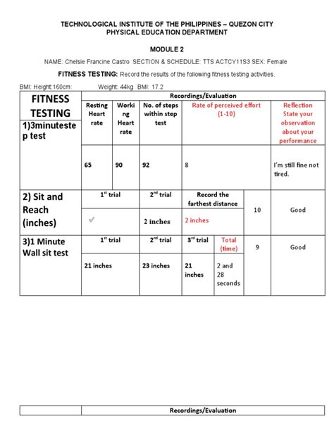 Pre Physical Fitness Test Sheet Pdf Strength Training Human Body