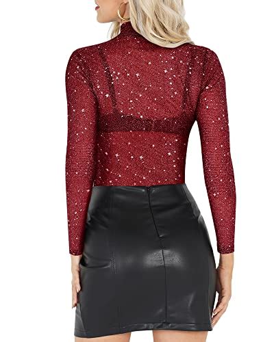 Mangopop Glitter Sheer Mesh Top Women Short Long Sleeve Sexy Shirt See Through Clubwear Tee Slim