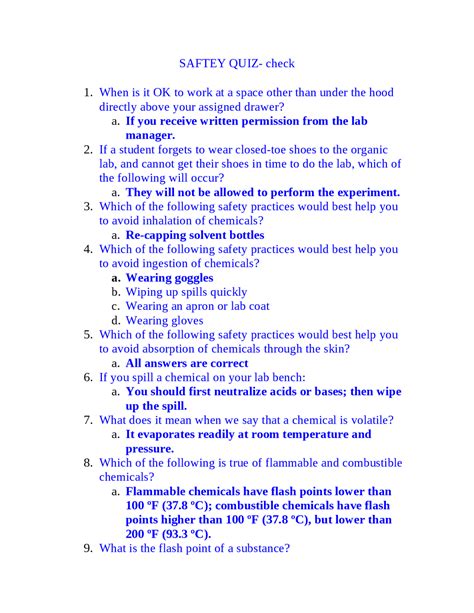 Chemical Safety Quiz Questions Answers