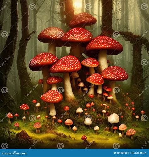 Group Of Fantasy Fly Agaric Mushrooms Growing In Magical Forest Stock