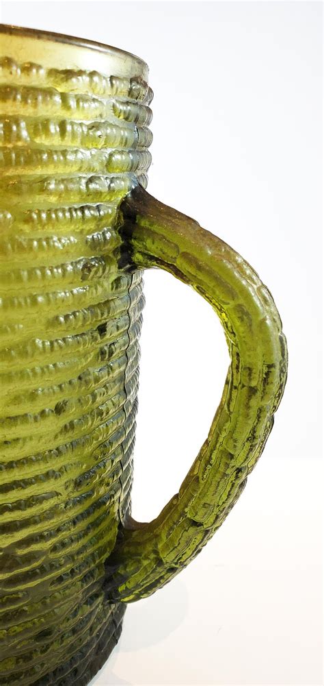 Vintage MCM Ribbed Green Glass Pitcher Etsy