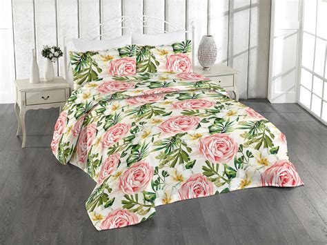 Ambesonne Rose Pattern Quilted Bedspread Set Pcs Romantic Botany