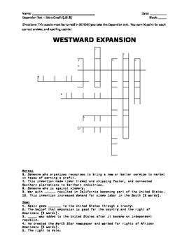 USI 8 Westward Expansion Crossword By Fletcher US History TpT