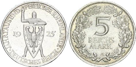 Weimarer Republik 5 Reichsmark 1925 A Rheinlande sehr schön vorzüglich