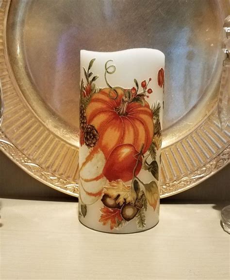 Pumpkin Candle With Fall Maple Leaves Acorns Berries Apples | Etsy | Led pillar candle, Pillar ...