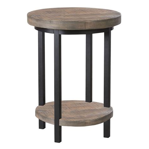 A Round Wooden Table With Metal Legs And Two Shelves On Each Side