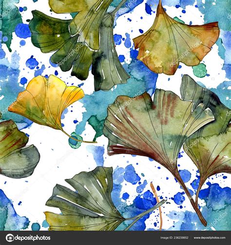 Yellow Green Ginkgo Biloba Foliage Watercolor Illustration Seamless