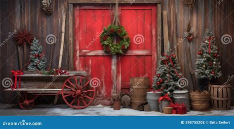 Red Vintage Rustic Barn Door Backdrop For Photography Christmas Trees