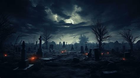 Creepy Cemetery At Night With Haunted Atmosphere Evoking Feelings Of