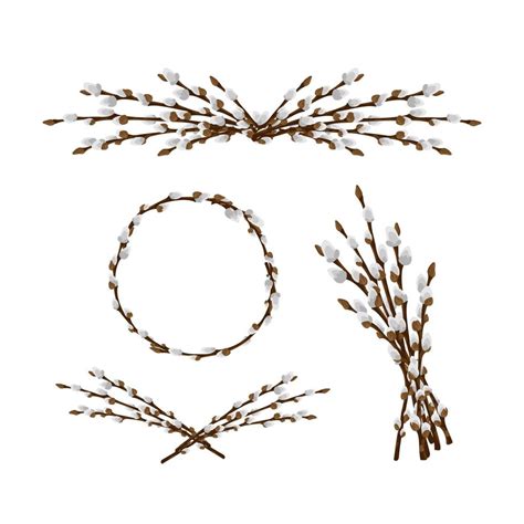 Easter Spring Twigs Blossom Pussy Willow Tree Vector Spring Holiday Illustration In Cartoon