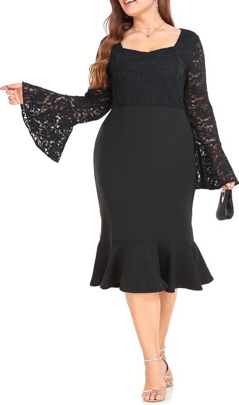 Lalagen Womens Plus Size Lace Bell Sleeve Bodycon Mermaid Midi