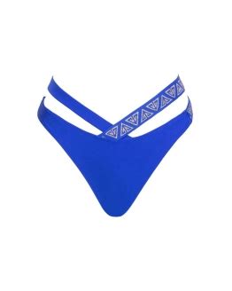 Blue Asymmetrical Thong Low Rise Bikini Bottom With Branded Strap Xs