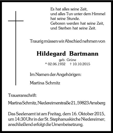 Traueranzeigen Von Hildegard Bartmann Trauer In Nrw De