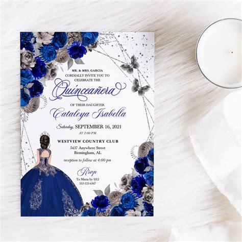 Editable Invitation Royal Blue Silver Floral Quinceanera Invitation