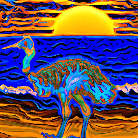 Blue And Gold Beach Sunset Emu Intricate Detail Surrealism Artistic