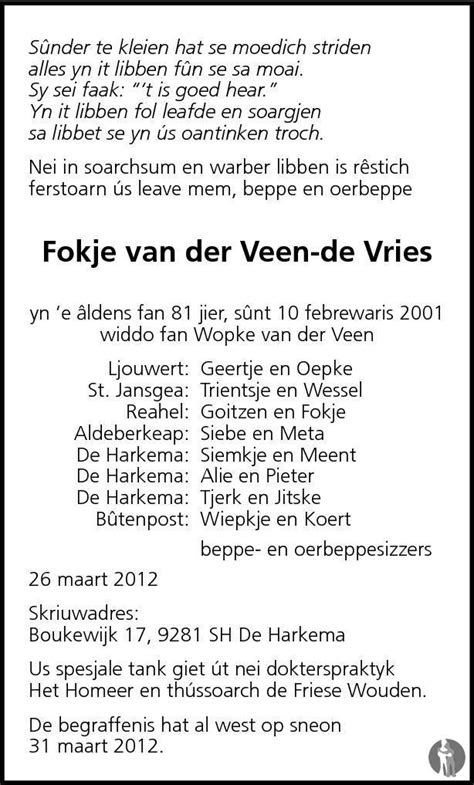 Fokje Van Der Veen De Vries Overlijdensbericht En