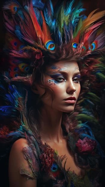 Premium AI Image | A woman with peacock feathers on her head